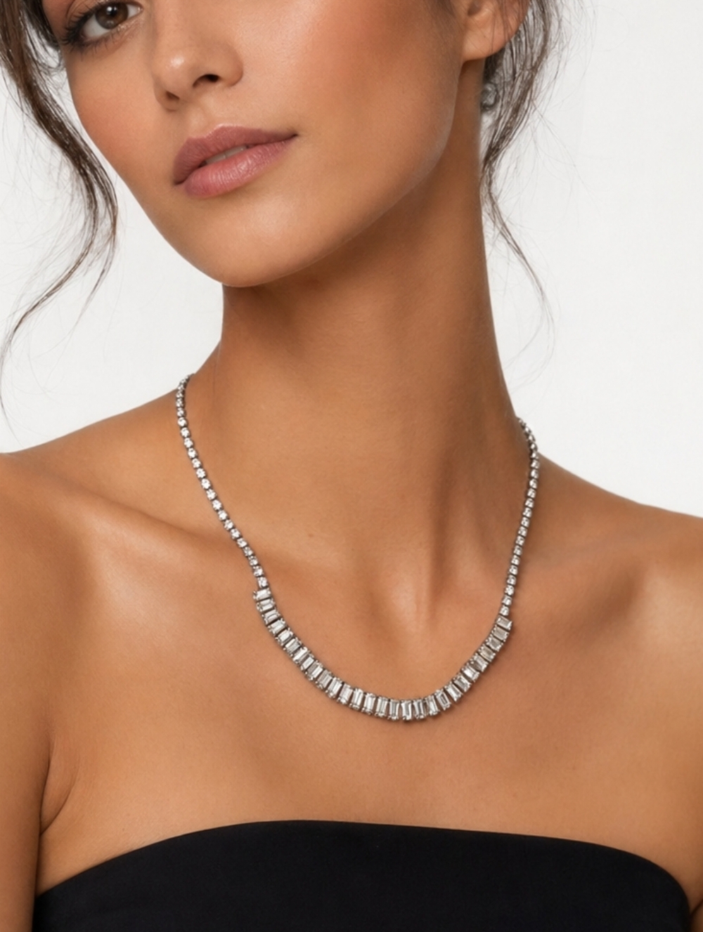 Vintage Silver-Tone Rhinestone Necklace | Baguette Accent Statement Piece